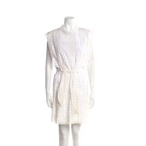 Rebecca Taylor White Floral Cotton Eyelet Belted Crew Neck Mini Womens Dress 10